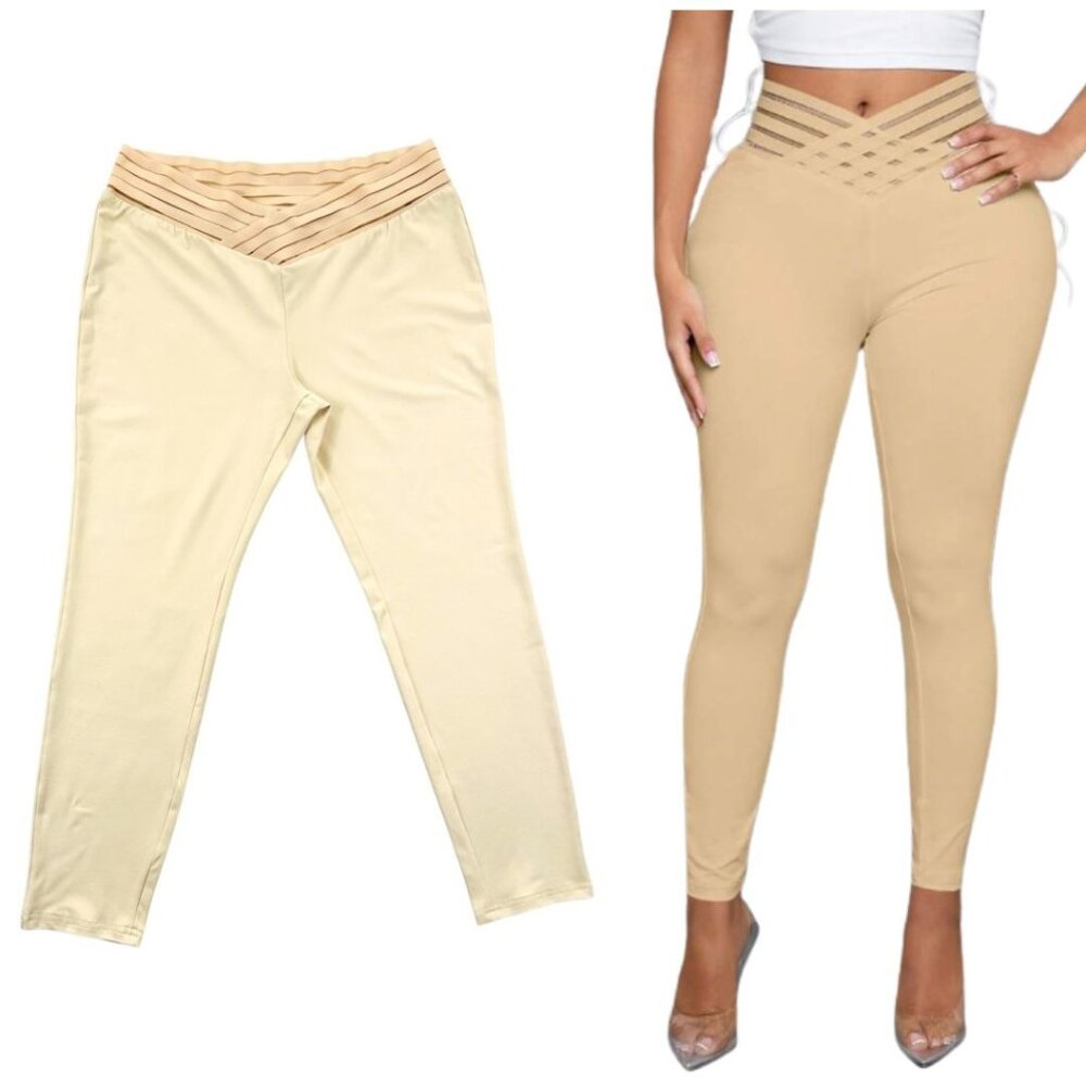 High-Waisted Nude Beige Leggings With Crisscross Waistband Women's Size M
